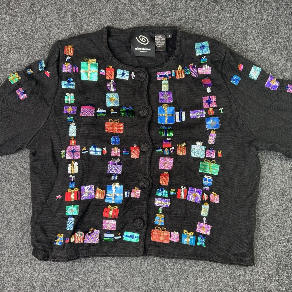 Michael Simon L Christmas Cardigan Maximalist Gift Boxes Embellished Holiday